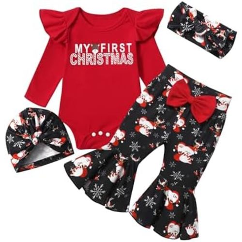 Baby Girl Christmas Outfit My First Christmas Romper + Flared Pants + Headband + Hat 4pcs Christmas Clothes Sets
