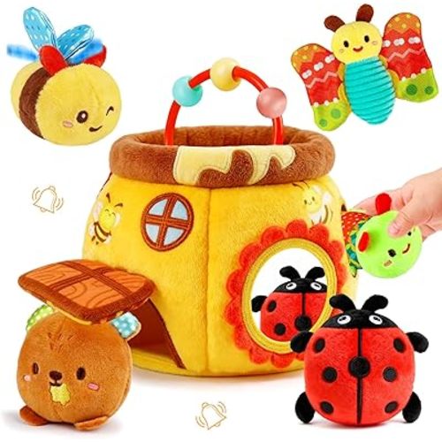 Baby Toys 6-12 Months - Soft Beehive with 5 Sensory Stuffed Animals, Rattle, Crinkle & Mirror, Montessori Toys for 6 7 8 9 10 Month Old Baby Boy Girl Birthday Gifts Easter Basket Stuffers Ages 0-2