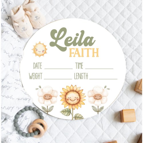 DAISY SUNFLOWER BABY Birth Stats Sign, Smiley Flower Baby Sign, Round Wood Nursery Baby Stats Decor, Sunshine Floral Baby Girl Hospital Sign