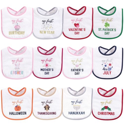 Hudson Baby Infant Girl Cotton Terry Drooler Bibs with Fiber Filling 12pk, Girl Holiday - Girl Holiday - One Size