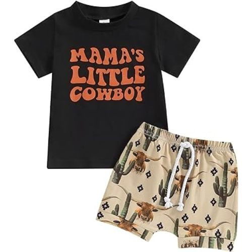 Gueuusu Western Baby Boy Summer Clothes Cow Print Short Sleeve T-Shirt Casual Jogger Shorts Toddler Cowboy Outfit