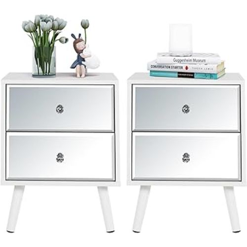 STHOUYN White Nightstand Set of 2, Mirrored Bedside Table Set of 2, Modern Bedroom Night Stands with 2 Drawer, Bed Side Table/Night Stand, End Tables Decorative Table Living Room (White)