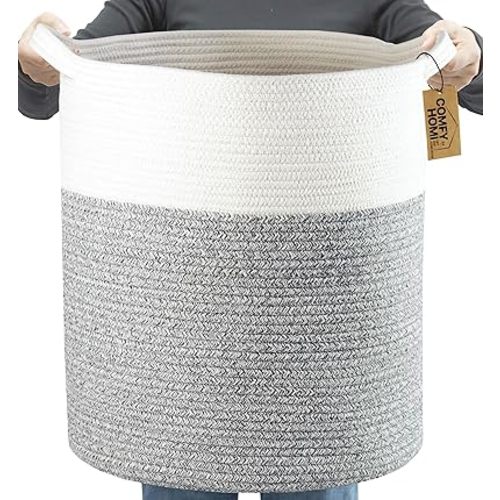 COMFY-HOMI XXL Large Laundry Basket with Handles Blanket Baskets Living Room|Woven Cotton Rope Decorative Basket Laundry Hamper Baby Basket Nursery Dog Toy Storage Organizer Bin-16”x18”-White Grey