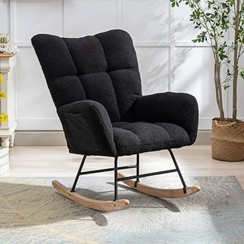 Rocking Chair Nursery, Teddy Upholstered Glider Rocker Rocking Accent Chair Padded Seat with High Backrest Armchair, Comfy Side Chair for Living Room Bedroom Office, Black