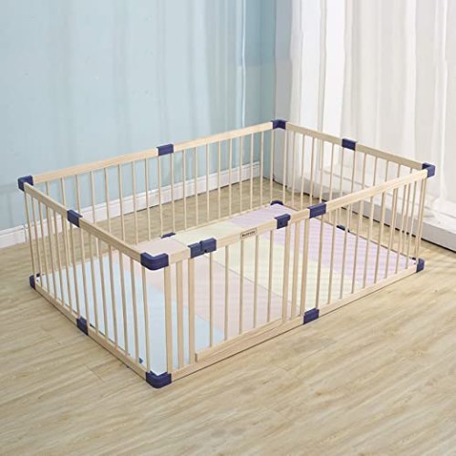 Kids Play Fence with Door,Wood Playpen Baby Safety Play Center Yard, Safe Play Area Indoor Kids Safety Activity Center Playard w/Locking Gate, Without Mat - 47.24x63 Inch (Pack of 1)