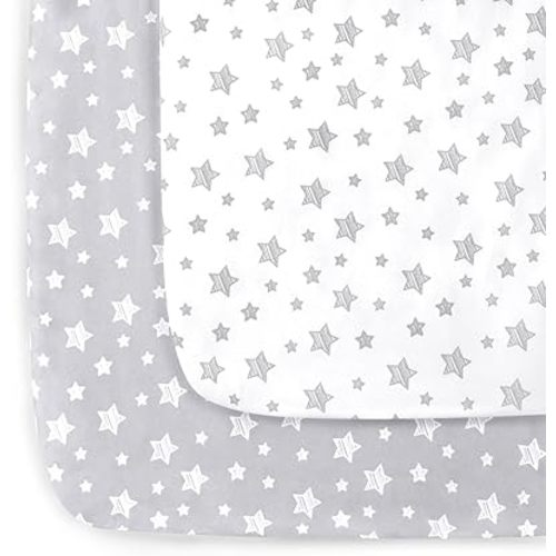 Pack and Play Sheets, 2 Pack Mini Crib Sheets, Stretchy Playard Fitted Sheet, Compatible with Graco Pack n Play, Soft and Breathable Material, Grey & White