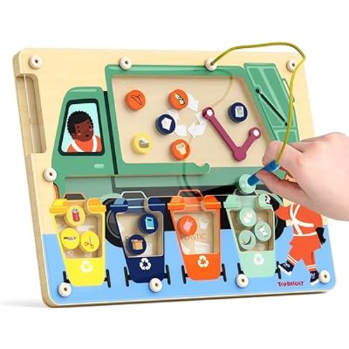 TOP BRIGHT Wooden Magnetic Maze Board for 3 4 5 Years Old, Wooden Activity Board, Learning Color Recognition Magnetic Beads Fine Motor Toys for Kids Age 3+ Years Old Boy Girl