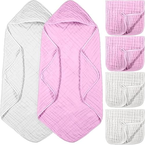 VitalCozy 6 Pcs Baby Muslin Hooded Bath Towels and Washcloths, Muslin Hooded Baby Towels Absorbent Blankets for Gift Newborn Infant Shower (White,Pink,32 x 32 Inch)