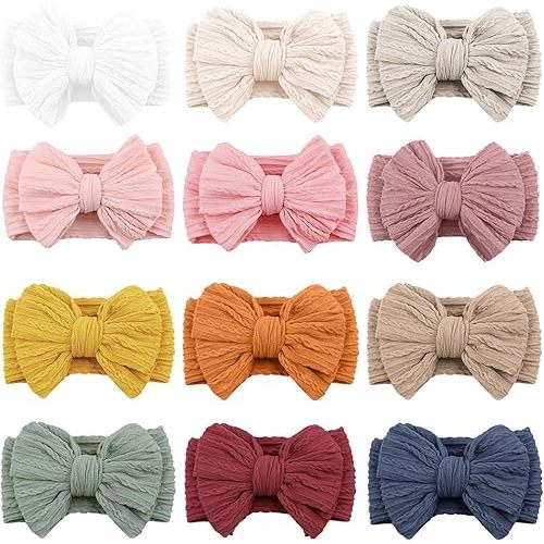 12pcs Baby Girl Bows Stretchy Soft Nylon Headbands Elastic Hair Bands with Bows For Newborn Baby Girls Infant Toddlers Kids