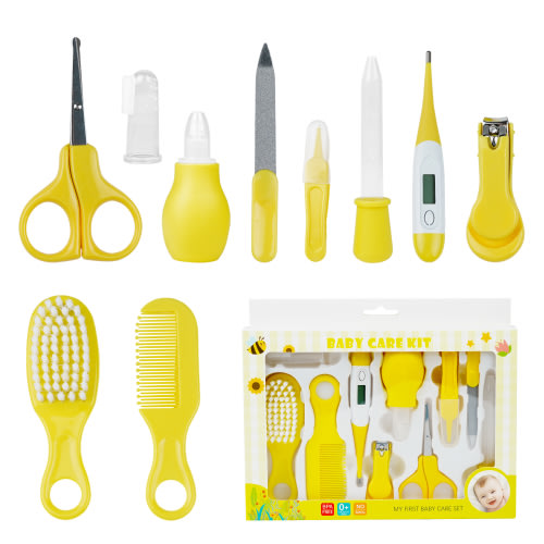 BUSATIA 10 in 1 Baby Healthcare and Grooming Kit,Safety Newborn Nursery Care Set, with Hair Brush Comb,Nail Clipper,Thermometer,Pacifier Clip,Nasal Aspirator for Newborn Infant Baby-Yellow