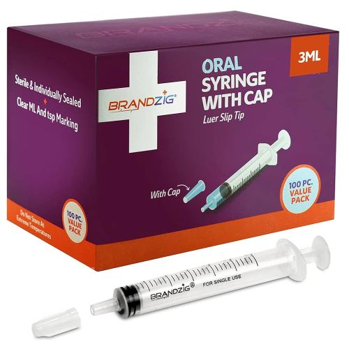 3ml Syringe With Cap (100 Pack) | Oral Dispenser Without Needle, Luer Slip Tip | Individually Wrapped Medicine Dropper For Infants & Pets
