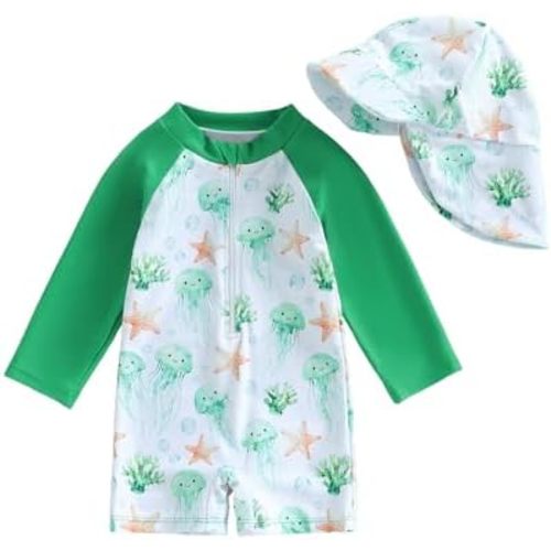 Infant Baby Boy Swimsuit Toddler Boy Rash Guard Baby One Piece Zipper Swimwear Sunsuit Bathing Suit Beachwear Hat