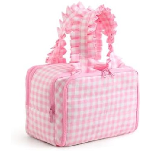 Travel Toiletry Bag for Women,Water-resistant Large Gingham Makeup Cosmetic Organizer with Ruffles Handle for Traveling, Toiletries, Cosmetic, Essentials Accessories(Pink Gingham)