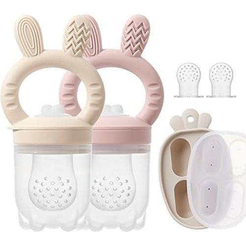 Silicone Baby Fruit Feeder with Freezer Tray Baby Food Feeder Popsicle Molds for Teething Relief Includes Extra Food Pouches (Beige+Pink)