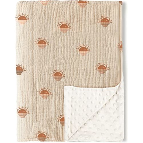 Konssy Baby Blankets for Unisex Boys Girls, Super Soft Nursery Minky Blankets with Muslin Cotton Front and Dotted Fleece Backing, Printed Bed Throws Newborn
