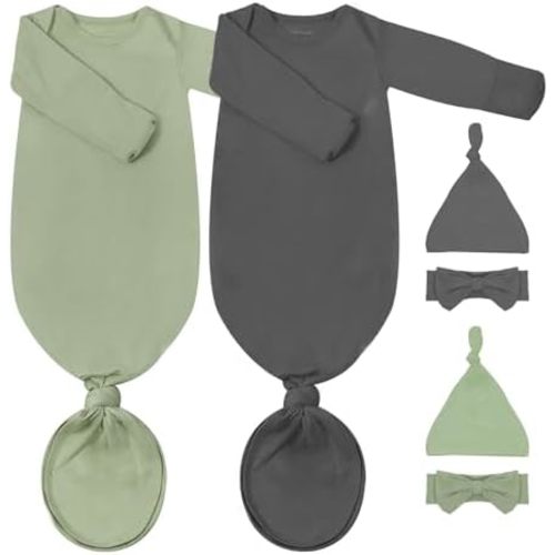 2Pack Newborn Baby Knotted Gown, Super Soft Modal Infant Long Sleeve Sleeper with Hat and Headband Set