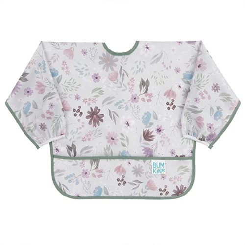 Bumkins Sleeved Bib Baby Bib, Toddler Bib, Smock, Waterproof Fabric, Fits Ages 6-24 Months - Floral