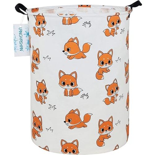 LANGYASHAN Laundry Basket Canvas Fabric Collapsible Organizer Basket for Storage Bin Toy Bins Gift Baskets Bedroom Clothes Children Nursery Hamper (Round Fox)