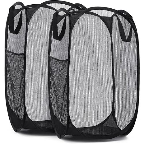 Handy Laundry Collapsible Mesh Pop Up Hamper with Wide Opening and Side Pocket – Breathable, Sturdy, Foldable, and Space-Saving Design for Clothes and Storage. (Black | 2-Pack)