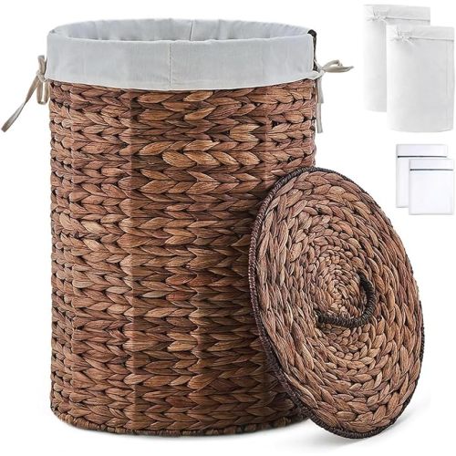 Round Water Hyacinth Laundry Hamper with Lid Handwoven Wicker Basket with Handles for Dirty Clothes, Storage, and Organization Ideal for Bedroom, Bathroom, and Laundry Room, No Assembly Required, 60L