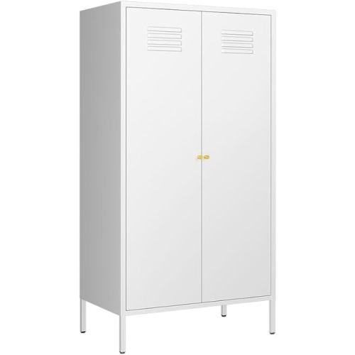 2 Magnetic Doors Steel Wardrobe Closet Storages Accent Cabinet with Hanging Rod and Laminate,Classified Storage Metal Tall Storage lockers Armoire with Leg for Home Bedroom(White)