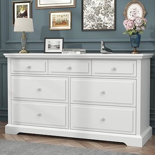 Loomie 7 Drawers White Double Dressers Chests for Bedroom, Large Storage Dressers Organizer for Bedroom, Long Dresser Tv Stand, Vintage Solid Tall Closet Dressers with Storage for Living Room, Hallway