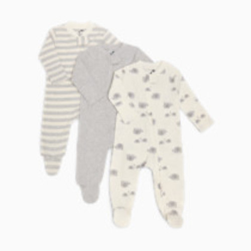 Small Story Organic Cotton 2-Way Zip Footie (3 Pack) - Elephant & Stripe & Heather Gray Solid, 0-3 M