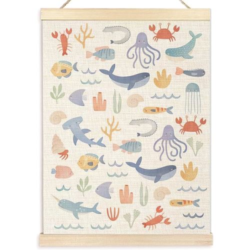 Ecezatik Ocean Nursery Decor, Danish Pastel Ocean Animals Poster Hanger Frame, Coastal Ocean Sea Wall Art Decor for Nursery Classroom Kids Room Playroom, Under the Sea Nursery Decor, 12x16 Inches