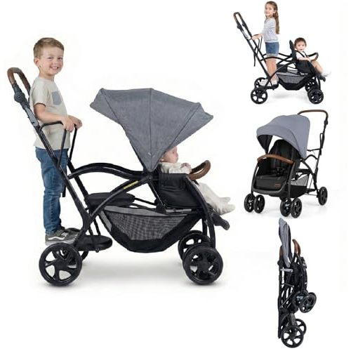 INFANS Sit and Stand Double Stroller, Foldable Tandem with Standing Platform Reclining Backrest, Adjustable Handlebar and Footrest, Storage Basket 5-Point Harnesses, Baby Pushchair for Toddlers