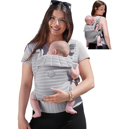 GROWNSY Baby Carrier Newborn to Toddler, Breathable Mesh Carrier(7-44lbs) with One-Click Sliding Clasp, Head Support, Ergonomic Design and Hands-Free Comfort, Silver Grey