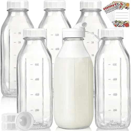 Liter Glass Milk Bottles w 100% Airtight Heavy Duty Screw Lid - 6 Pack 32 Oz Drinking Jars - Food Grade Glass Bottles for Milk, Honey, Jam - Dishwasher Safe(Extra 2 Lids and Stickers Included)