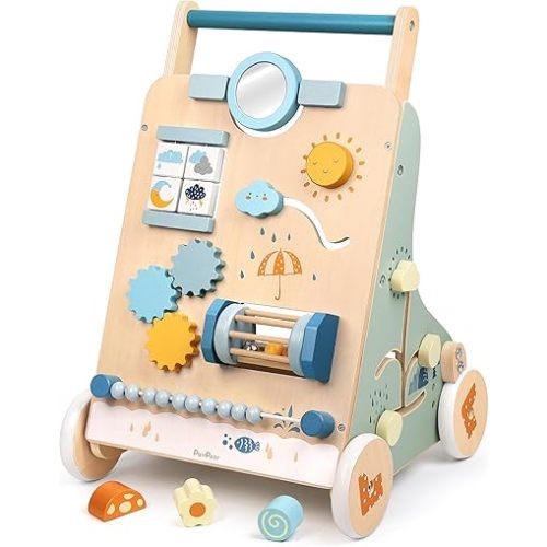PairPear Wooden Baby Walker, Baby Push Walker, Montessori Walker Toy with Activity Center for Girls Boys, Adjustable Speed Baby Walker for Kids Development