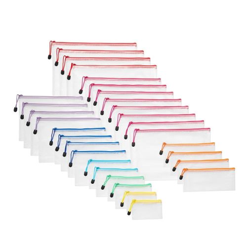 Amazon Basics 30-Pack Mesh Zipper Pouch Bags, 8 Sizes Waterproof Storage Organizers with Zipper, Multipurpose Clear Travel Document Bags for Office Home School Organization (8 Assorted Colors)