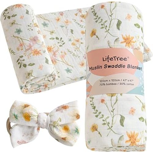 LifeTree Baby Muslin Swaddle Blankets for Boys & Girls, Newborn Swaddle Set with Matching Headband Bow, Neutral Infant Blanket Wrap, 47 x 47 inches, Floral Motif, 70% Viscose Bamboo and 30% Cotton