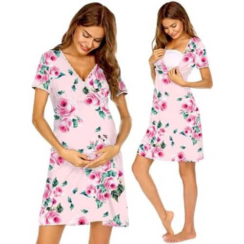 Ekouaer Nursing Nightgown Delivery and Labor Gown for Hospital Short Sleeve Maternity Breastfeeding Dress