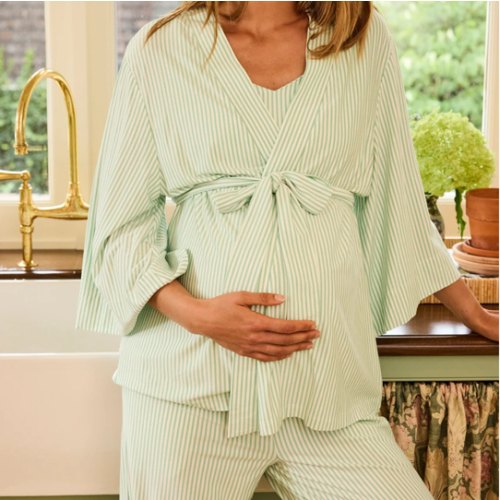 LAKE | Women | DreamModal Pajamas | Parisian Green Pencil Stripe Maternity Kimono Bundle