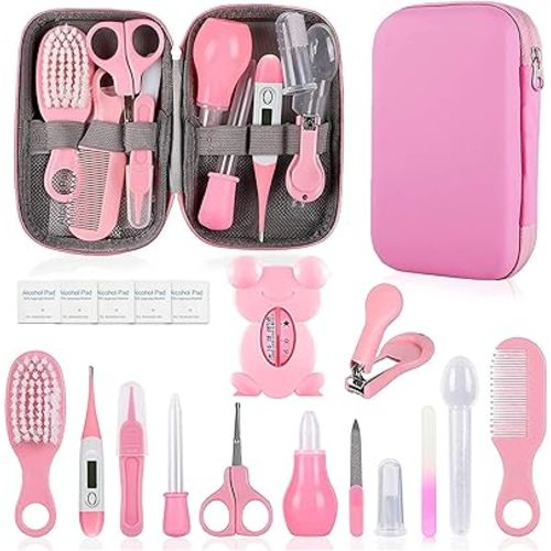 Baby Grooming Kit, Infant Safety Care Set with Hair Brush Comb Nail Clipper Nasal Aspirator,Baby Essentials Kit for Newborn Girls Boys (Pink Baby Grooming kit)