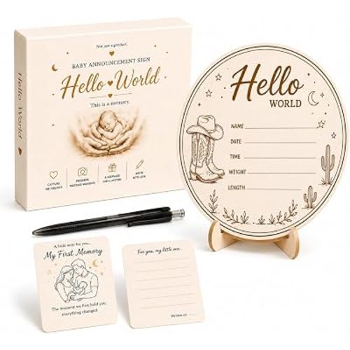 Baby Announcement Sign – Hello World Newborn Sign in 3D Wood with Rustic Cowboy Boots & Western Desert Details for Newborn Memories, Nursery Décor & Baby’s First Precious Moments