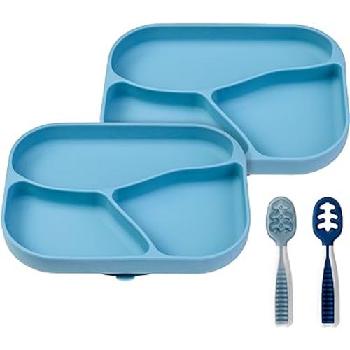 NumNum Silicone Toddler Suction Plates for Baby - 100% Food Grade Divided Plate w/Easy Release Tab, BPA Free & Dishwasher Safe - Non-Slip Dishes for High Top, Dining Table - 2 Blue + 2 Gootensils