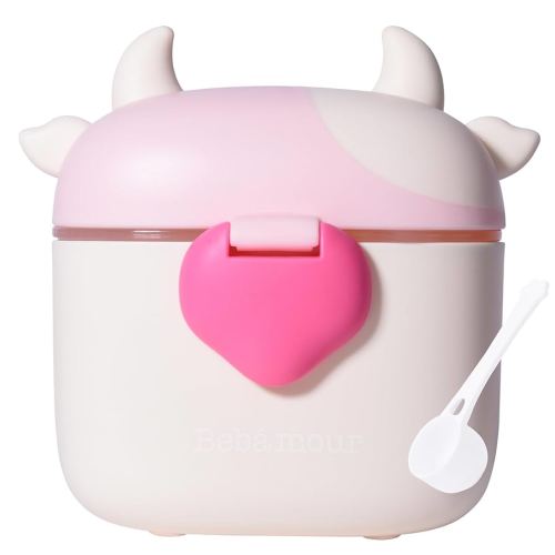 Bebamour Baby Formula Dispenser On The Go, Formula Container to Go, Formula Holder for Travel, Candy Fruit Snack Storage Container with Scoop and Leveller (Light Pink Cow)