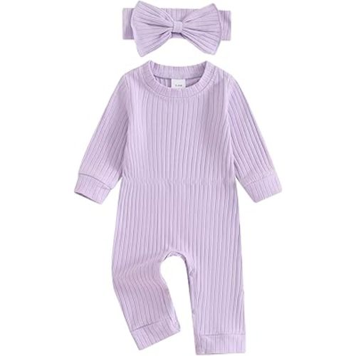 Newborn Baby Girl Fall Outfits Long Sleeve Ribbed Romper Jumpsuit with Headband Set Infant Girl Clothes