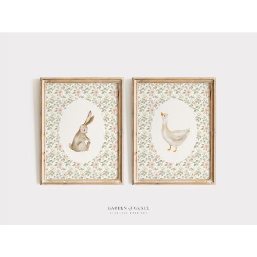 Cute Goose and Bunny Nursery Wall Art Set of 2 | Farmhouse Kid's Room Decor | Farm Animal Print | Floral Pink, Vintage Rabbit Illustration