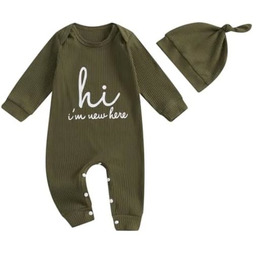 FOMOYUU Newborn Baby Boy Clothes Waffle Letter Embroider Long Sleeve Romper Pullover Tops and Pants Sets Fall Winter Outfits