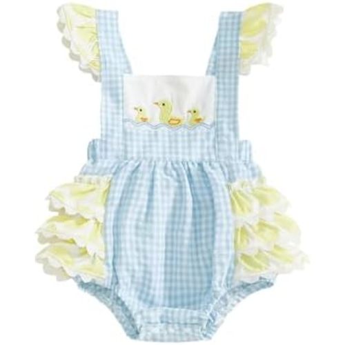 SHIBAOZI Baby Girls Cute Embroidery Duck Ruffled Bubble Romper Plaid Print Jumpsuit Newborn Infant Summer Clothes