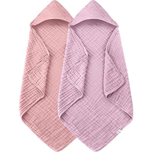 2 Pack Hooded Baby Towels - 100% Muslin Cotton for Newborns, Infants, Toddlers - Large 32x32 Inch Size - Highly Absorbent and Essential for Newborn Care, Light Sakura