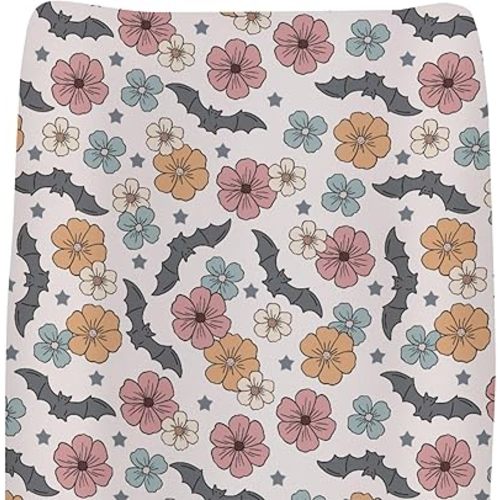 Boho Floral Halloween Bats Baby Changing Pad Covers for Boys Girls Vintage Fall Autumn Flowers Fitted Changing Table Cover Mats Spooky Gothic Soft Nursery Diaper Change Table Sheets 32''×16''