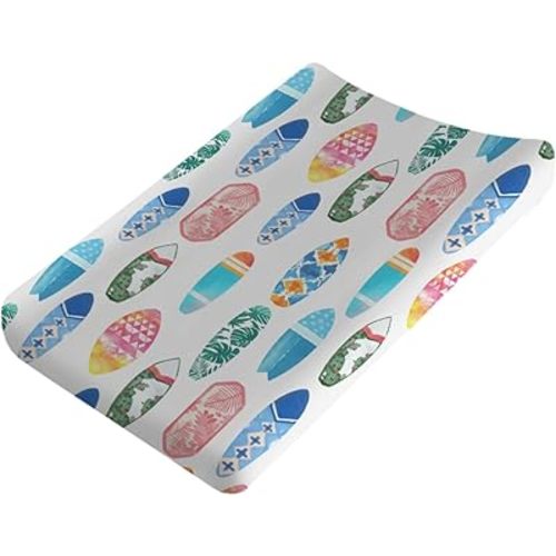 Colorful Surfboards Baby Changing Pad Covers for Boy Girl 32''x16'' Hawaiian Tropical Beach Surfing Fitted Diaper Change Table Mats Boho Summer Ocean Sports Soft Nursery Cradle & Bassinet Sheets