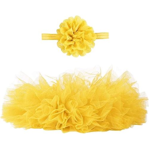 Angla 2 piezas de falda tutú con diadema de flores para recién nacidos, niñas pequeñas de 0 a 12 meses, Amarillo