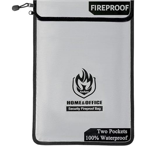 Upgraded Two Pockets Fireproof Document Bag (2000℉), andyer 15”x 11”Waterproof Fireproof Money Bag for Cash with Zipper, Important Document Storage Organizer for Valuables, Legal Documents Safe