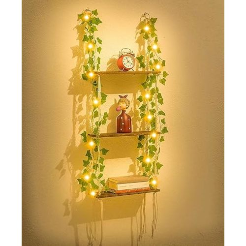 WOOD MEETS COLOR 3 Tier Macrame Wall Hanging Shelves with Artificial Ivy Leaves,Boho Room Decor Handmade Cotton Rope,Wooden Hanging Storage Floating Shelves for Small Plants,Living Room Bedroom